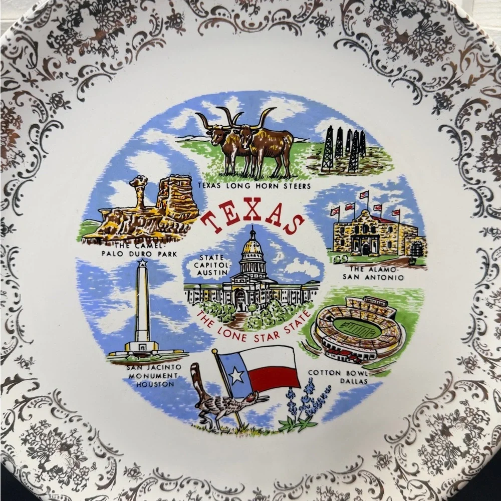 Vintage State of Texas Souvenir Decorative Plate with Scenic Landmarks - White